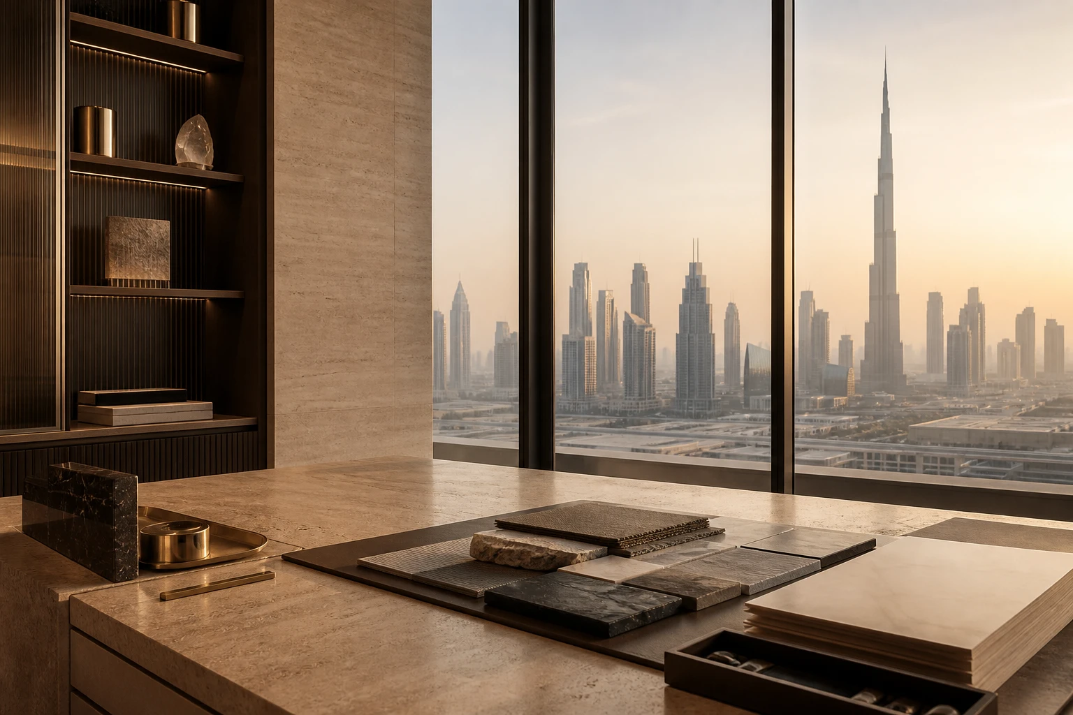 A refined Dubai business interior with skyline and unbranded product samples