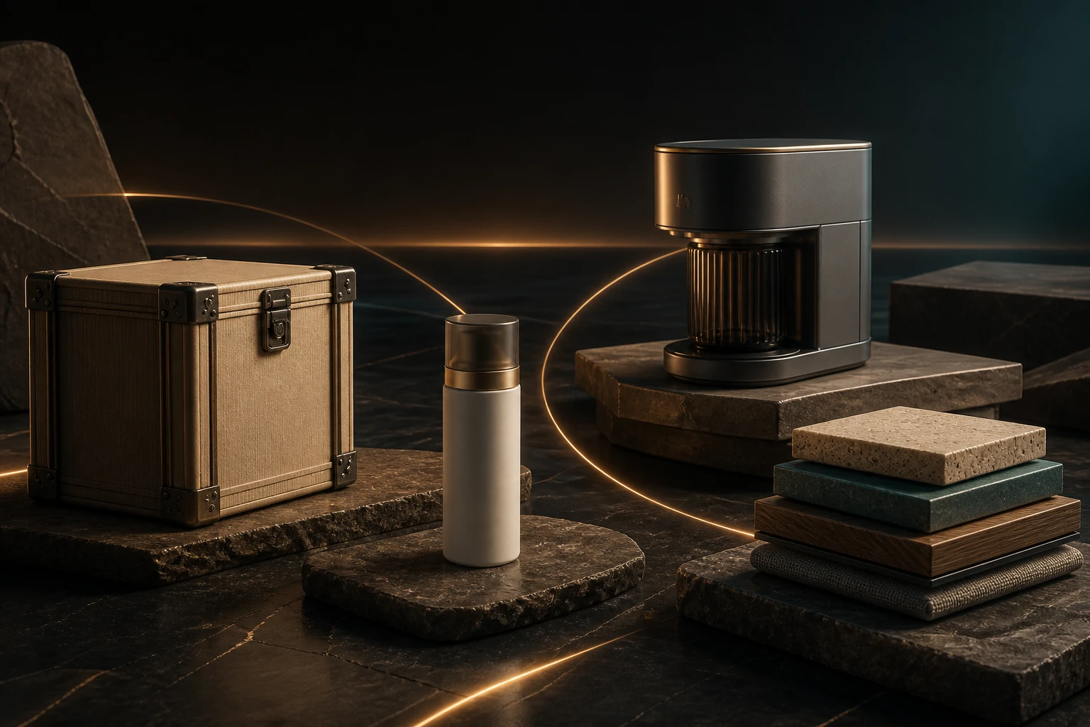 A trade case, blank beauty vessel and appliance connected by golden light